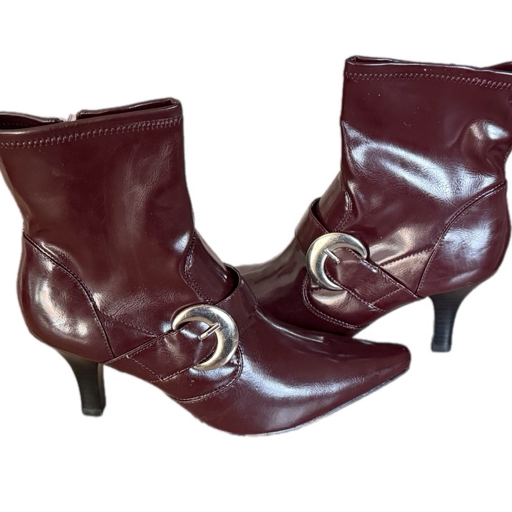 Coach and Four Burgundy Pointed-Toe Ankle Boots with Silver Buckle